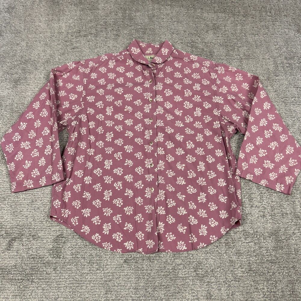 LL Bean Shirt Womens 14 Pink Floral Button Up Top 3/4 Sleeve Mature Cottage USA